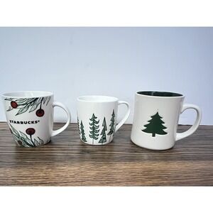 3 Starbucks Mugs-Red Berries,Green Christmas Tree,‎ and Evergreen Trees 12oz